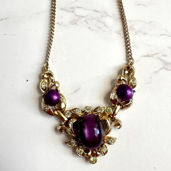 Vintage Coro Necklace, Purple Cabochon Statement Necklace, Mid Century Signed Je - Picture 8 of 8